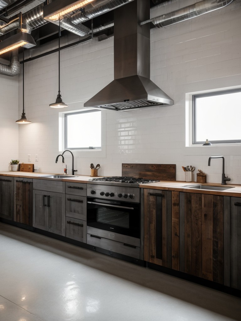 Urban loft-style grey and white apartment with exposed ductwork, industrial lighting, and reclaimed wood accents.