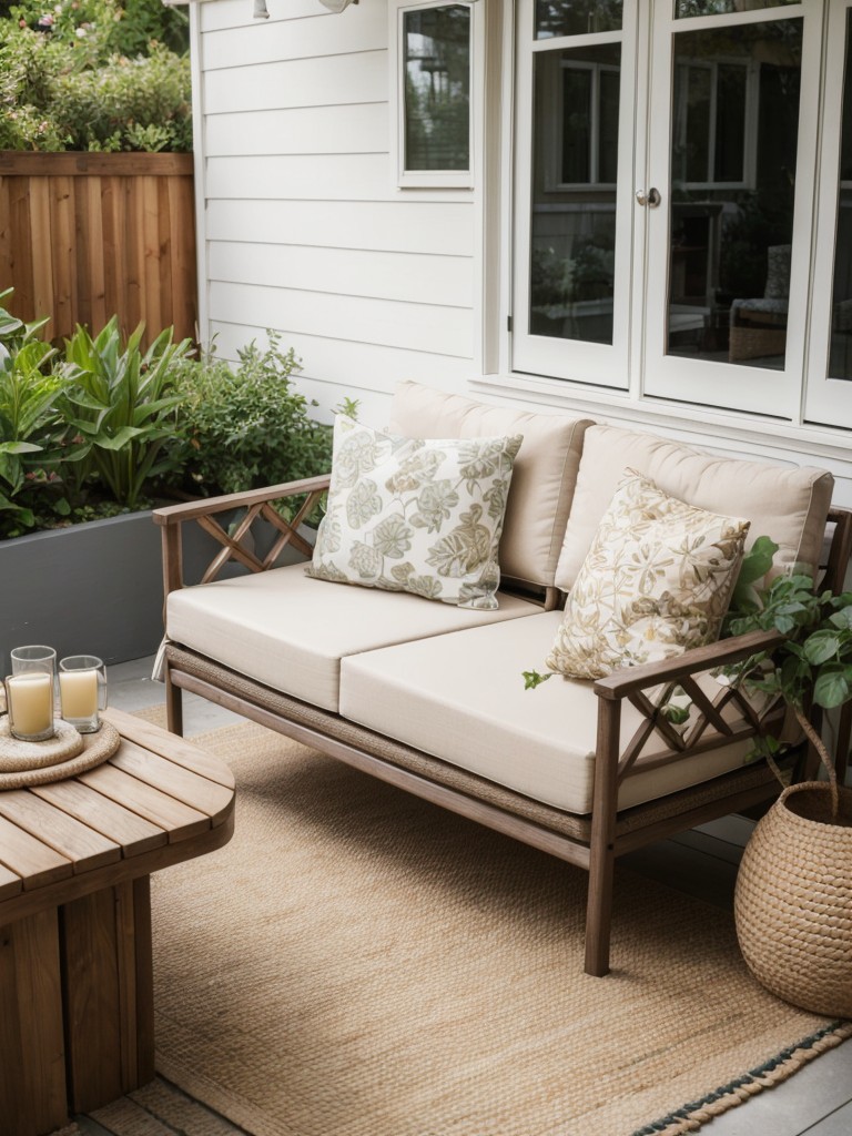 Add comfortable and weather-resistant outdoor rugs and cushions to create a cozy and inviting seating area in your apartment garden.