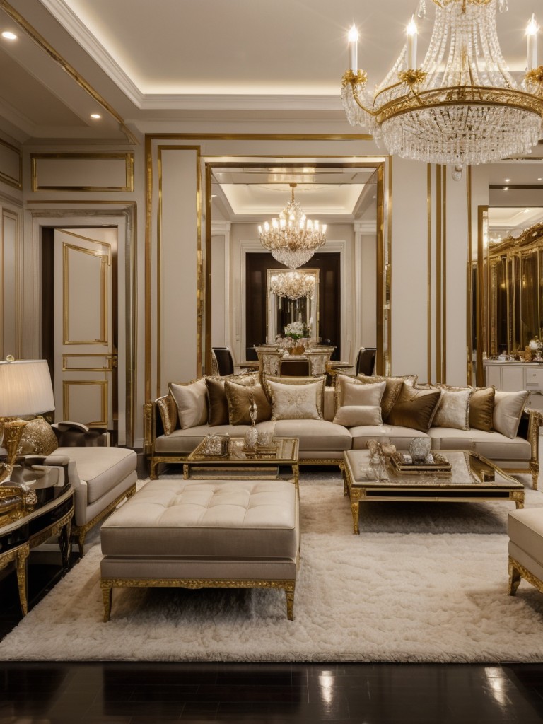 Add opulence to your living space with luxurious touches like a chandelier, statement art, and designer furniture to create a glamorous ambiance in your luxury apartment.