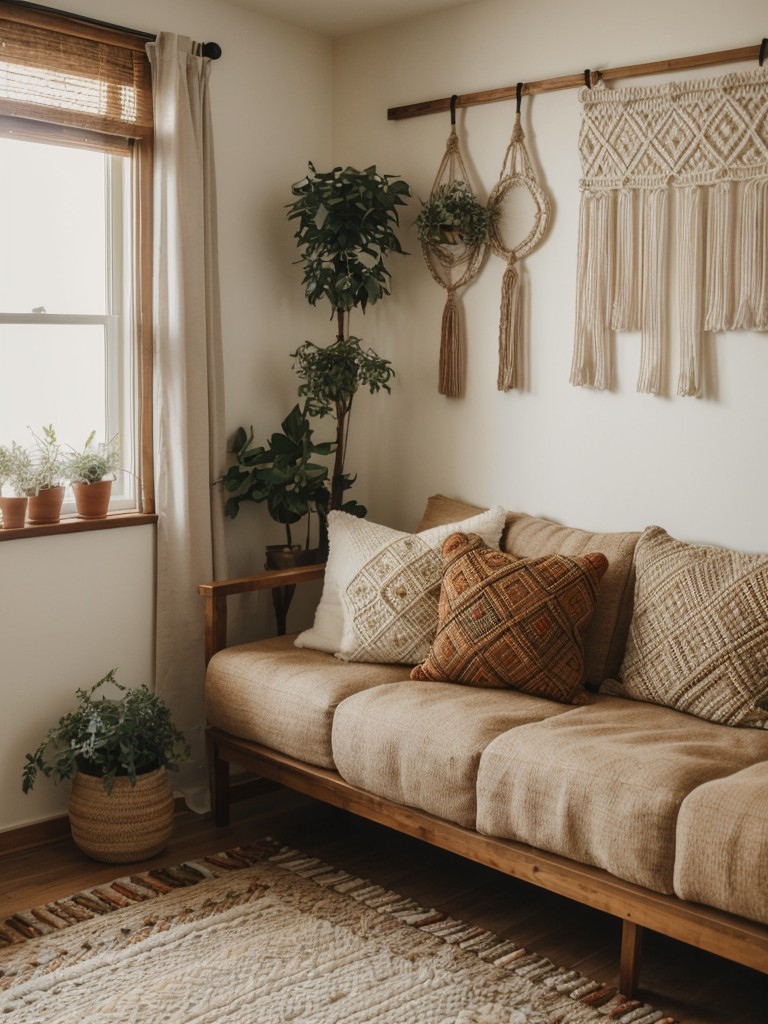 Bring a bohemian vibe to your apartment with cozy floor cushions, macrame wall hangings, and eclectic patterns in warm earthy tones.