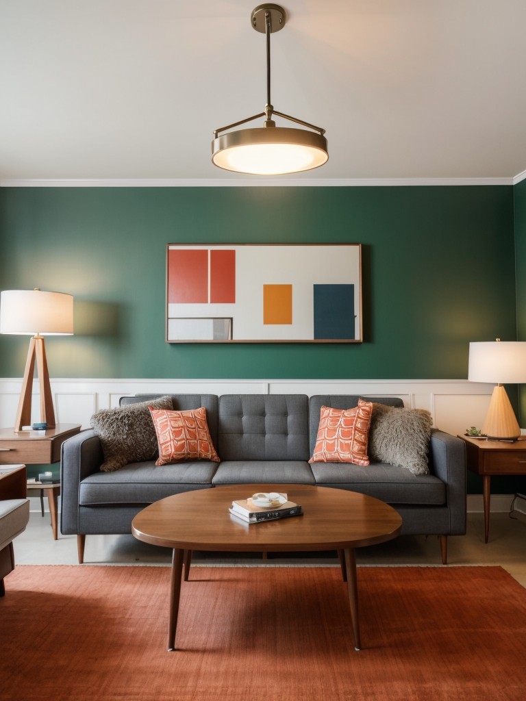 Channel the iconic mid-century modern style by incorporating retro furniture pieces, iconic lighting fixtures, and bold geometric patterns in your apartment.