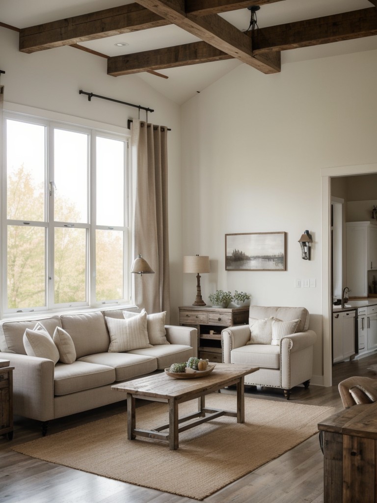 Combine contemporary elements with rustic charm by incorporating clean lines, farmhouse-inspired furniture, and neutral color palettes in your apartment decor.