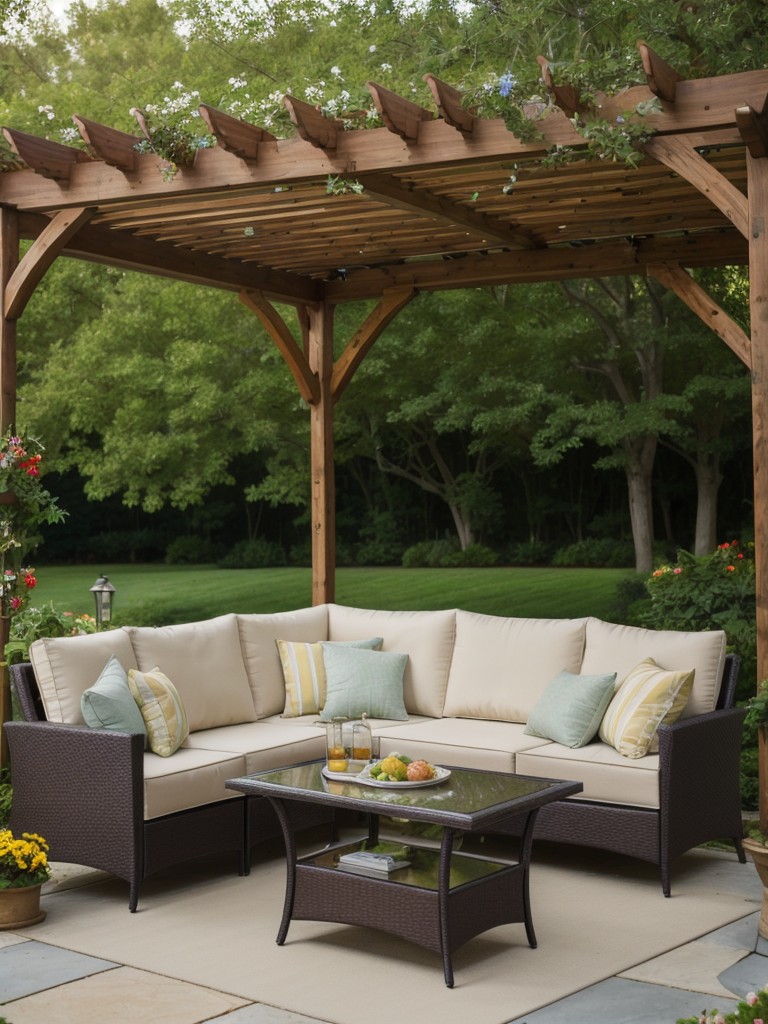 Create a cozy outdoor seating area with comfortable furniture and a pergola for shade, surrounded by lush greenery and colorful flowers.