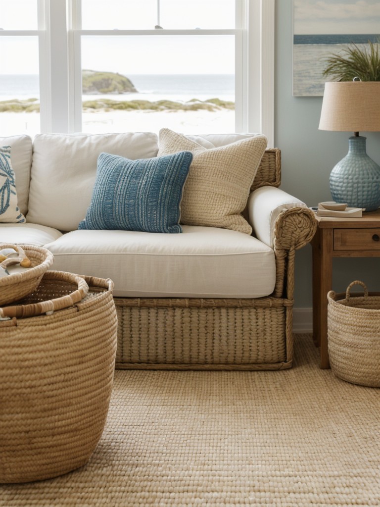 Create a relaxed coastal atmosphere by incorporating natural textures, like jute rugs and woven baskets, and nautical prints and patterns into your beach-themed apartment decor.