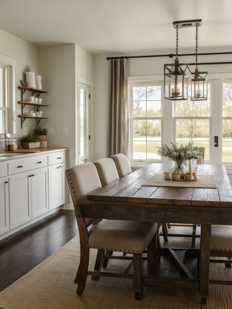 Create a warm and cozy atmosphere with soft textiles, farmhouse-inspired lighting fixtures, and an inviting farmhouse table in your farmhouse-style apartment design.