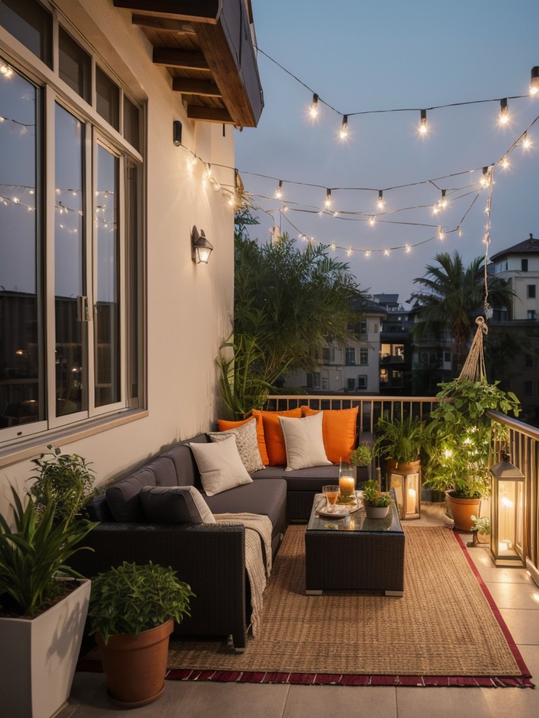 Enhance the atmosphere of your apartment balcony by adding colorful plants, hanging string lights, and a stylish outdoor rug.