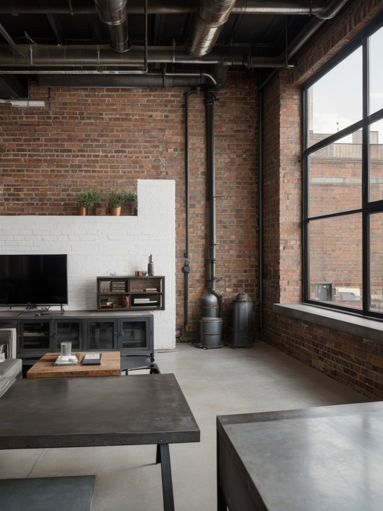 Incorporate industrial elements, such as exposed brick walls, metal accents, and concrete finishes, to create a chic and edgy apartment design.