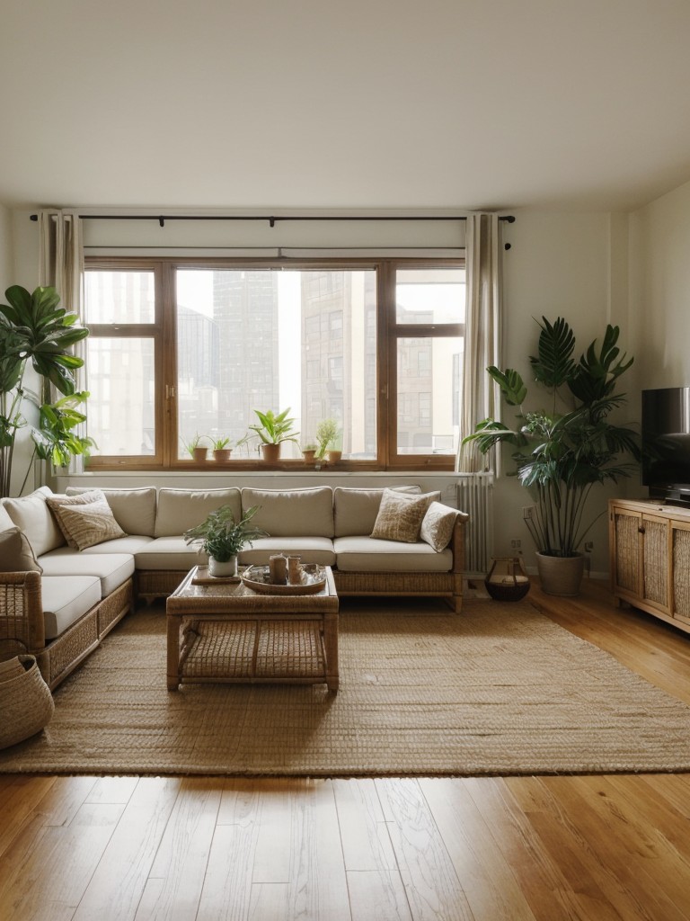 Incorporate natural materials, like rattan furniture and jute rugs, and large floor-to-ceiling windows to let in plenty of sunlight and enhance the natural look of your urban jungle apartment.