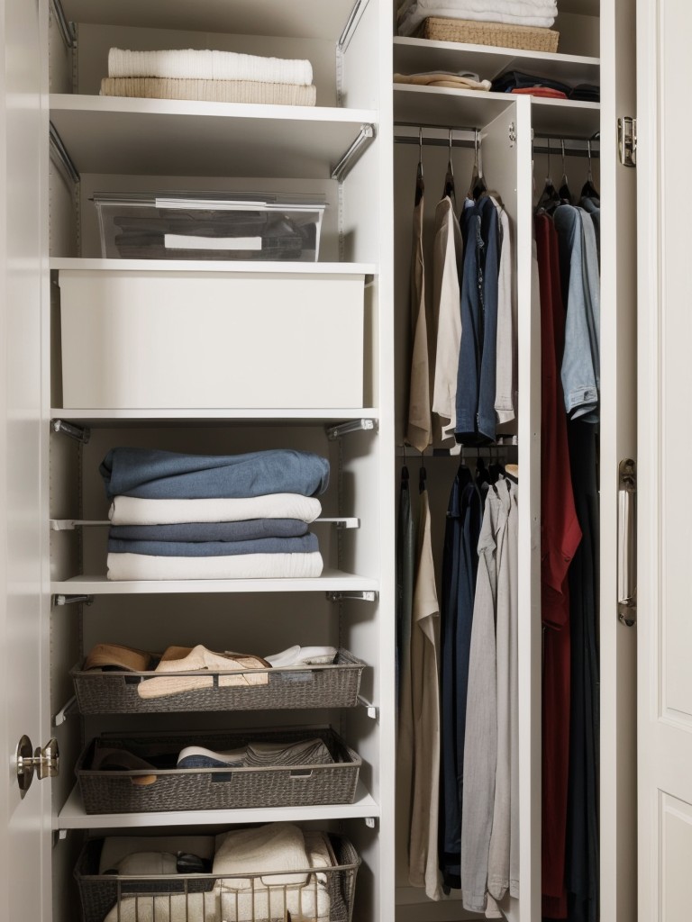 Optimize closet space by using organizers, hooks, and stackable storage bins to make the most of every inch in your small apartment.