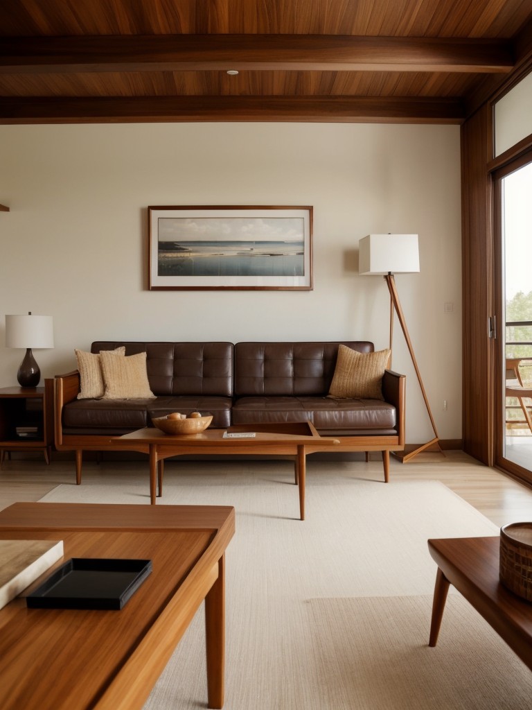 Showcase the beauty of natural materials by using teak, walnut, and leather in your mid-century modern apartment decor to achieve a timeless and sophisticated look.