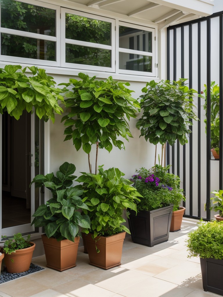 Transform your ground floor apartment into a vibrant oasis with a beautiful garden, complete with potted plants and hanging baskets.