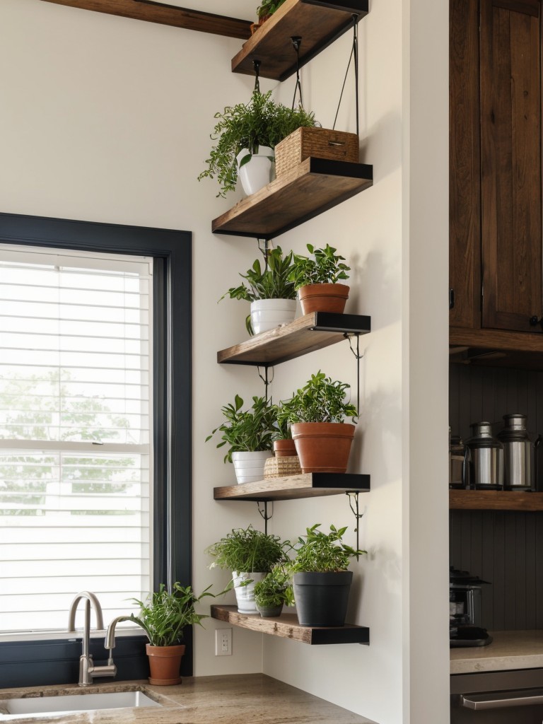 Utilize vertical space by installing floating shelves or hanging plants.