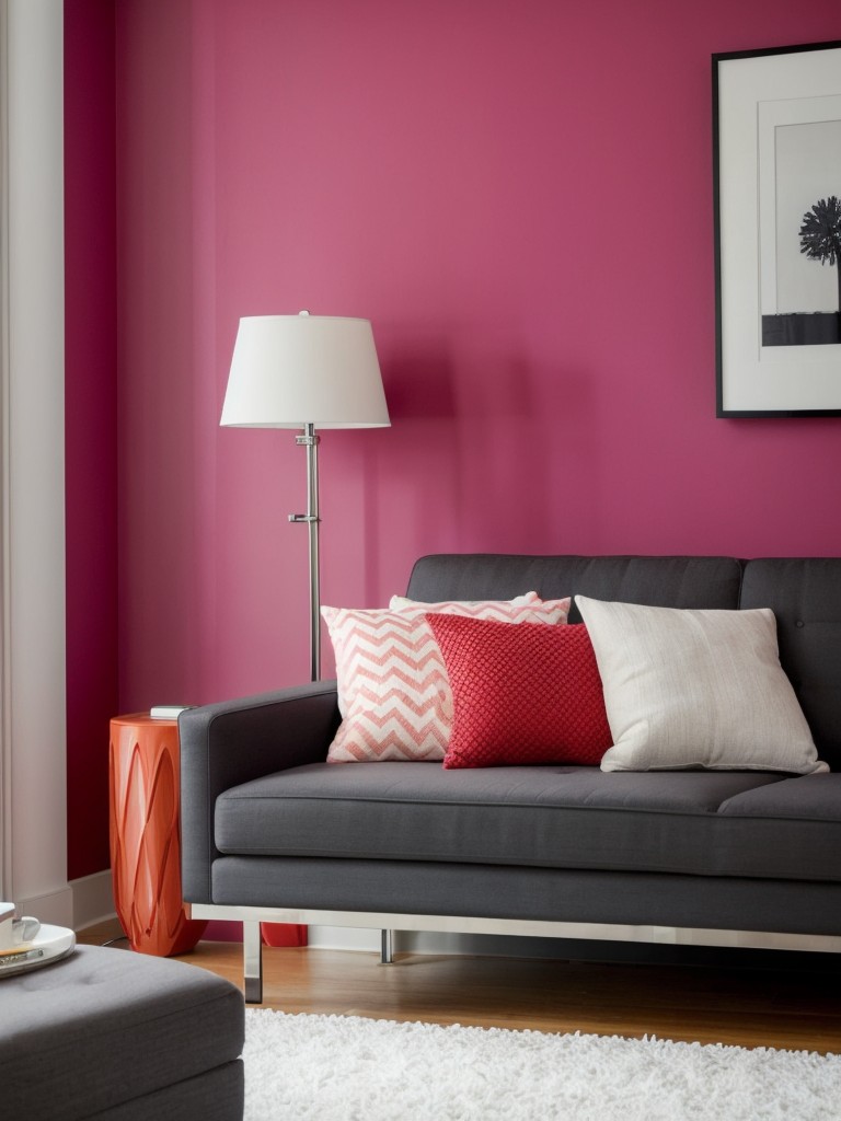 Consider a monochromatic color scheme with pops of bold color to add visual interest and vibrancy to your high-rise apartment.