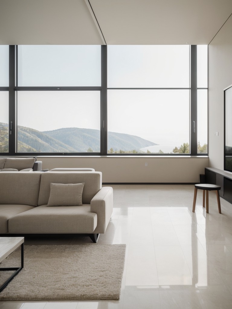 Emphasize breathtaking views by opting for floor-to-ceiling windows and minimalist furniture in neutral tones to create a contemporary and open feel.