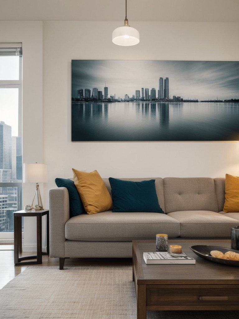 Incorporate artwork or large-scale photography to personalize your high-rise apartment and make it truly feel like home.