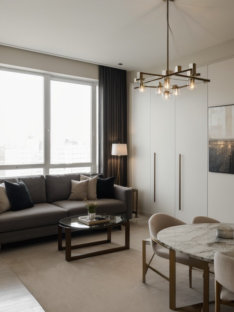 Integrate statement lighting fixtures to add drama and visual interest to your high-rise apartment, creating a stylish ambiance.