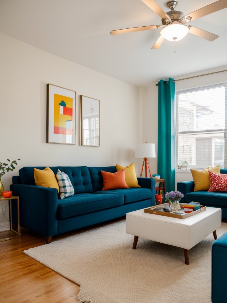 Bold and vibrant accent colors to add personality and visual interest to a small apartment, such as a statement wall or colorful accessories.