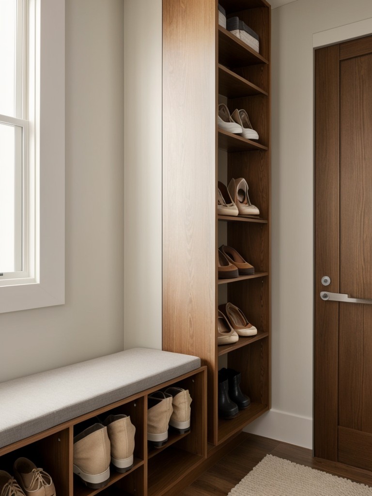 Incorporating hidden storage in small apartment entryways, such as wall-mounted shoe racks or benches with built-in compartments.