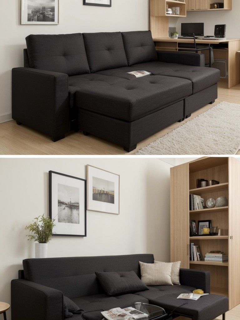 Multi-purpose furniture ideas for small apartments, such as futons that can be used as both a sofa and a bed, or coffee tables with hidden storage compartments.
