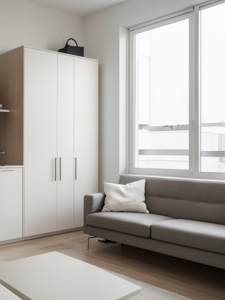 Sleek and minimalistic design for small apartment decor, focusing on clean lines, neutral colors, and clutter-free spaces.