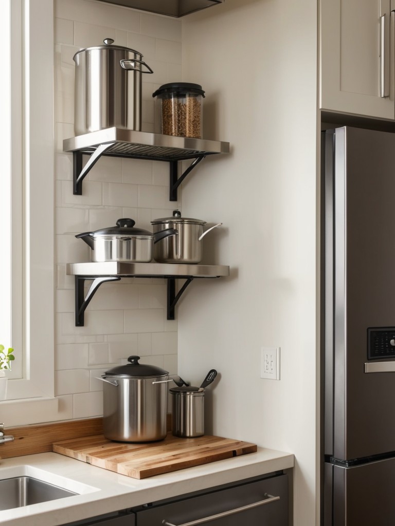 Space-saving ideas for small apartment kitchens, including wall-mounted pot racks, magnetic knife strips, and compact appliances.