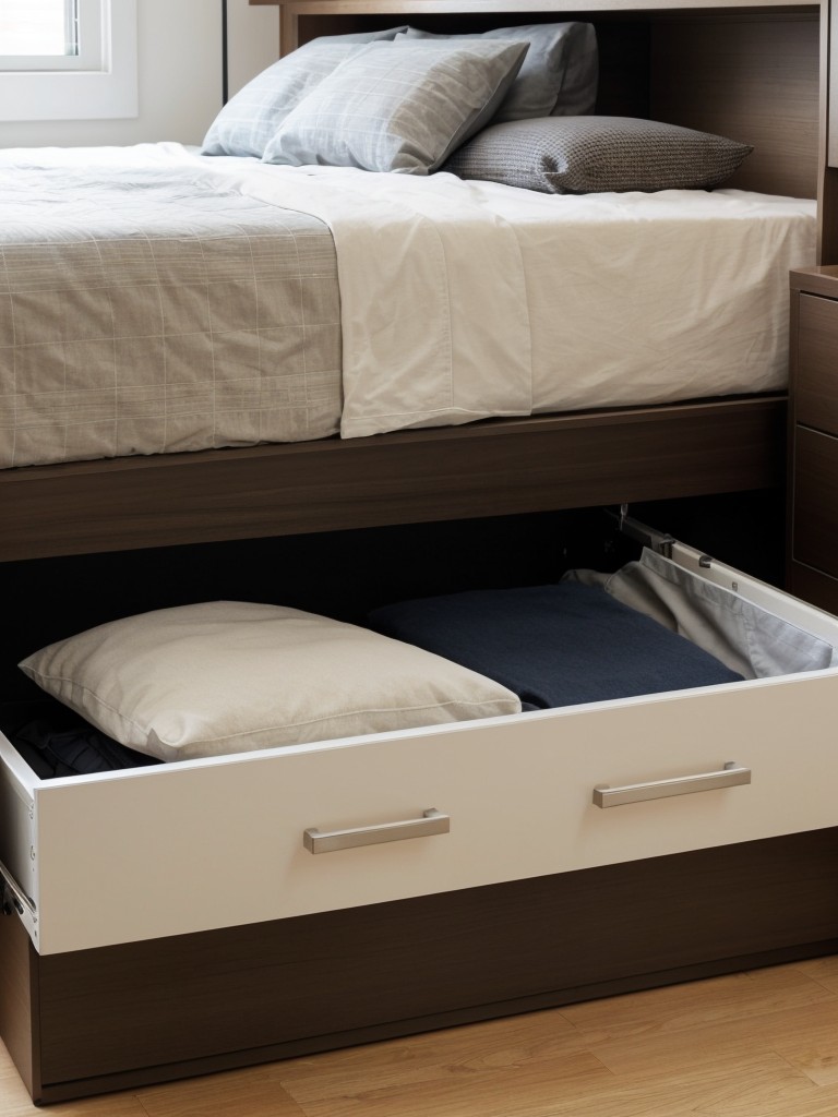 Utilizing the area under the bed for hidden storage in a small apartment, either with built-in drawers or under-bed storage containers.