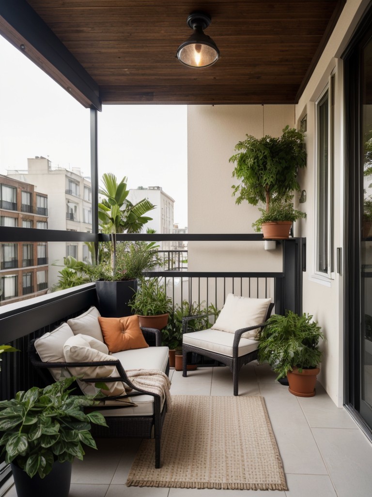 Utilizing the balcony or outdoor space in a small apartment by adding comfortable seating, potted plants, and cozy lighting.