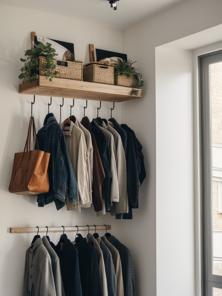 Utilizing vertical space in a small apartment with hanging planters, wall-mounted hooks for coats and bags, and overhead storage shelves.