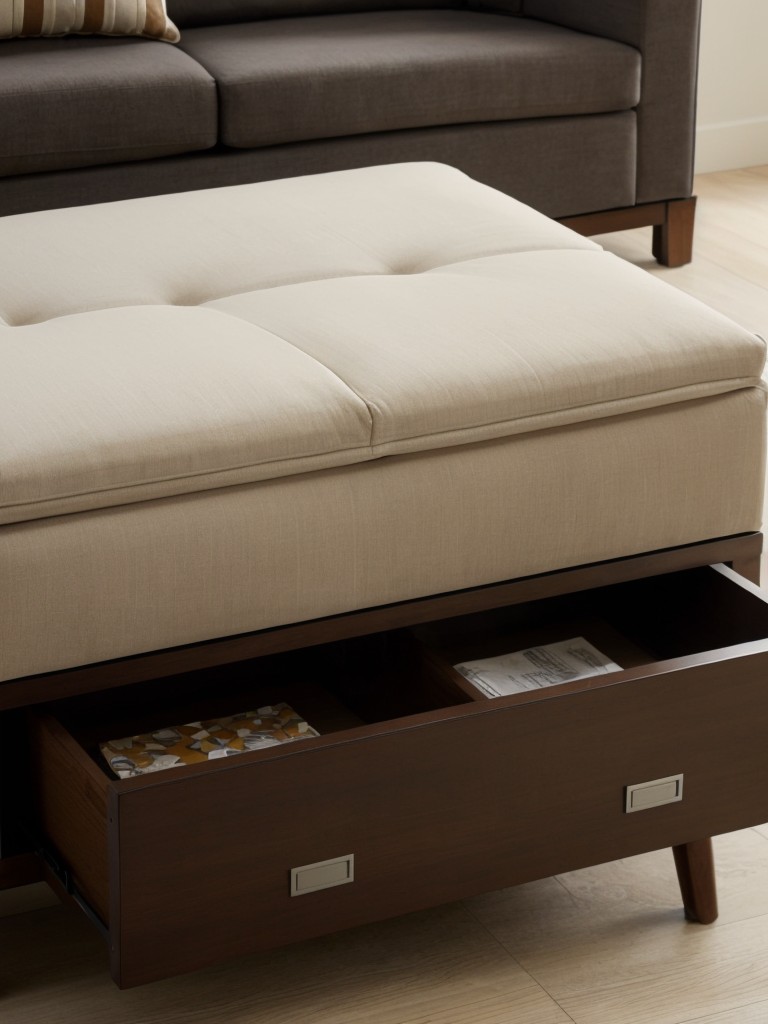 Choosing furniture with built-in storage compartments, such as ottomans with hidden compartments or coffee tables with drawers.