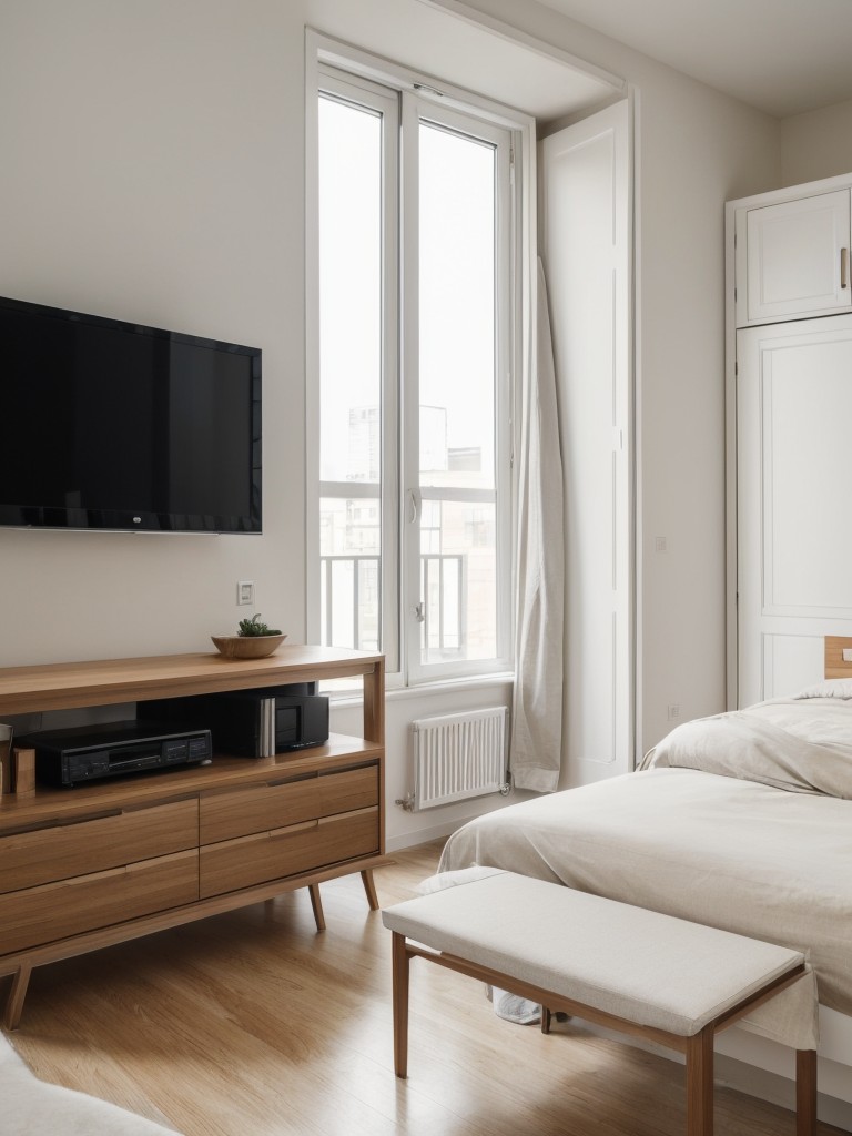 Space-saving furniture and multifunctional pieces to maximize the functionality of a studio apartment.