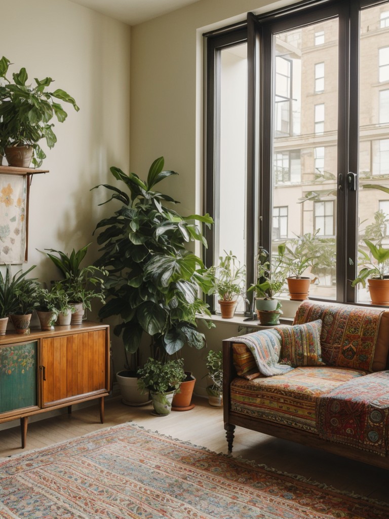 Bohemian-inspired apartment living room with vibrant textiles, eclectic furniture, and plenty of plants for a cozy and laid-back atmosphere.