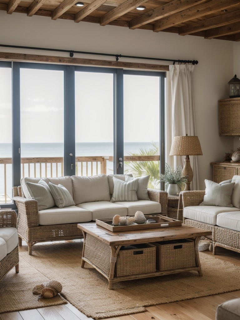 Coastal cottage apartment living room with a cozy and casual feel, incorporating natural materials like rattan, distressed wood, and seashells.