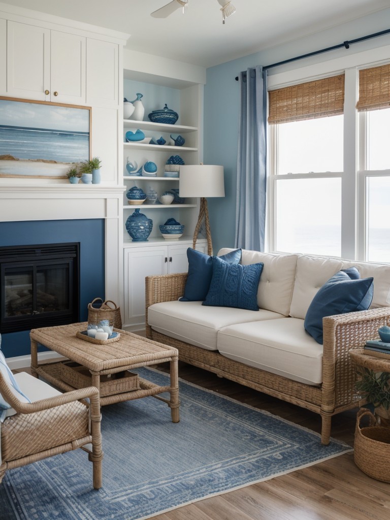 Coastal-themed apartment living room with a palette of blues and whites, nautical-inspired decor, and natural elements like rope and driftwood.