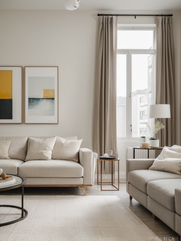 Contemporary apartment living room with clean lines and a neutral color palette, introducing pops of color through artwork and accessories for a modern and sophisticated space.