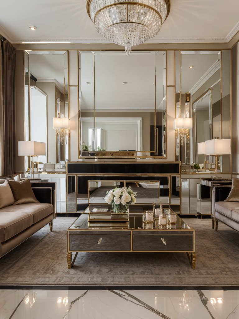 Hollywood Regency apartment living room with high-gloss finishes, mirrored accents, and a touch of glamor through rich fabrics like velvet.