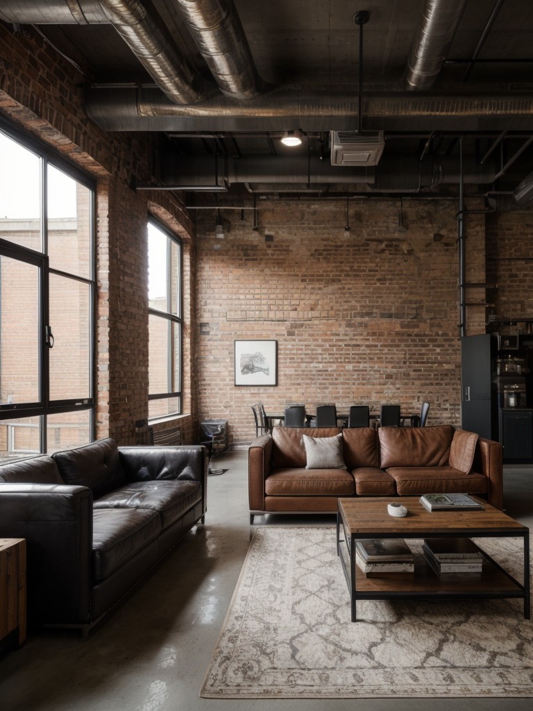 Industrial apartment living room with exposed brick walls, metal accents, and leather furniture for a raw and urban feel.