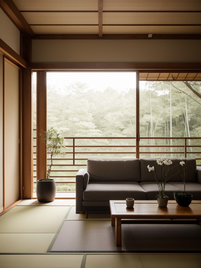 Japanese-inspired apartment living room with minimalist furniture, Zen elements like bamboo and stone, and a focus on natural light and simplicity.