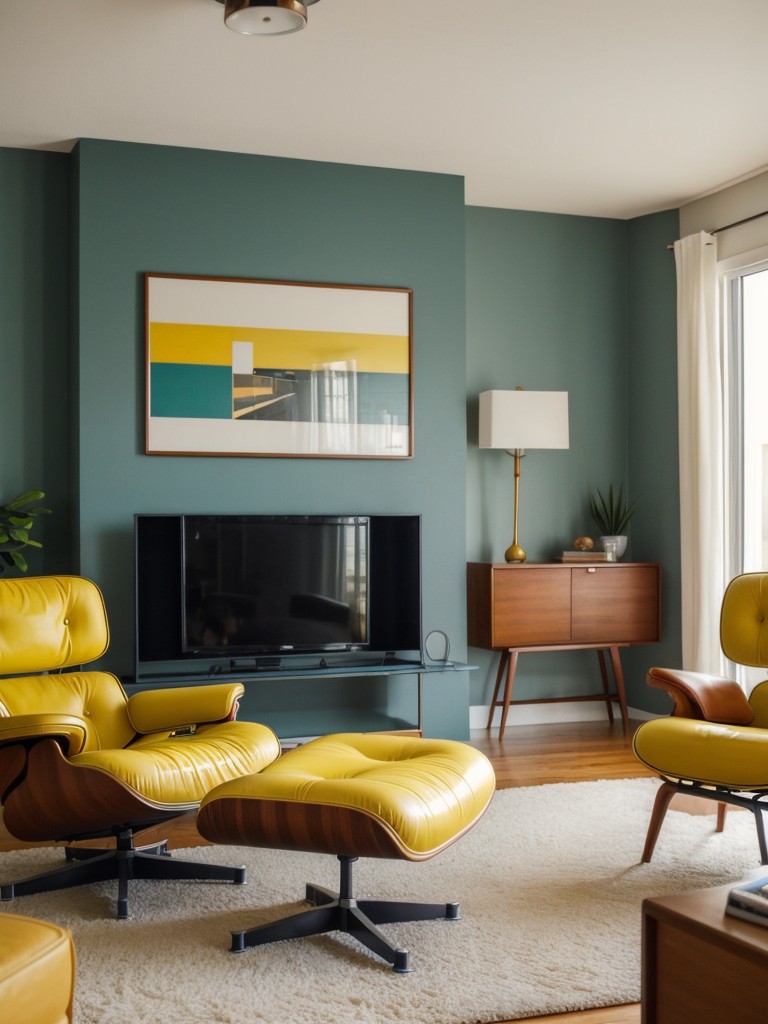 Mid-century modern apartment living room with iconic furniture pieces, like an Eames lounge chair, and pops of retro colors like mustard yellow and teal.