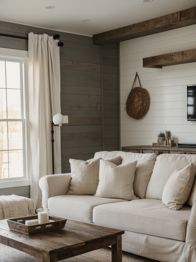 Modern farmhouse apartment living room with shiplap walls, distressed wood furniture, and cozy textiles in neutral tones.