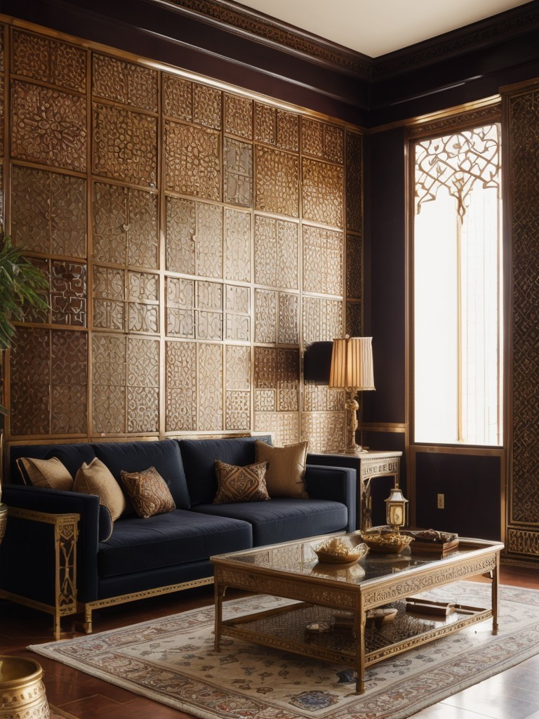 Moroccan-inspired apartment living room with rich jewel tones, intricate patterns, and ornate accents like metal lanterns and patterned tiles.