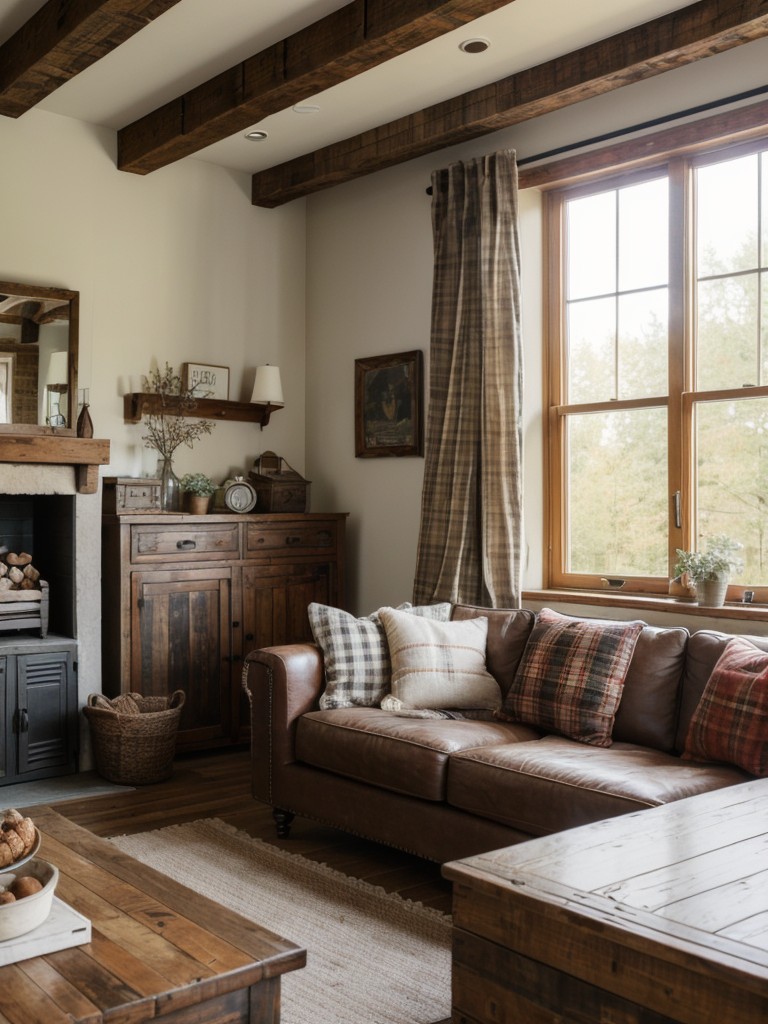 Rustic farmhouse apartment living room with distressed wood furniture, cozy plaid textiles, and vintage-inspired decor.