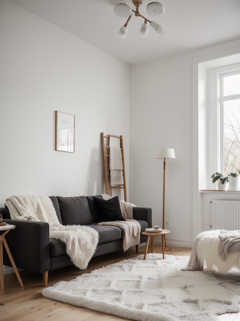 Scandinavian apartment living room with light wood flooring, white walls, and a mix of cozy textures like faux fur and knit throws.