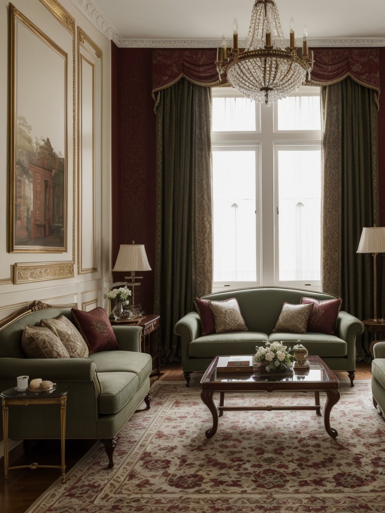 Traditional apartment living room with elegant furniture, classic patterns like damask or toile, and rich colors like burgundy or deep green.