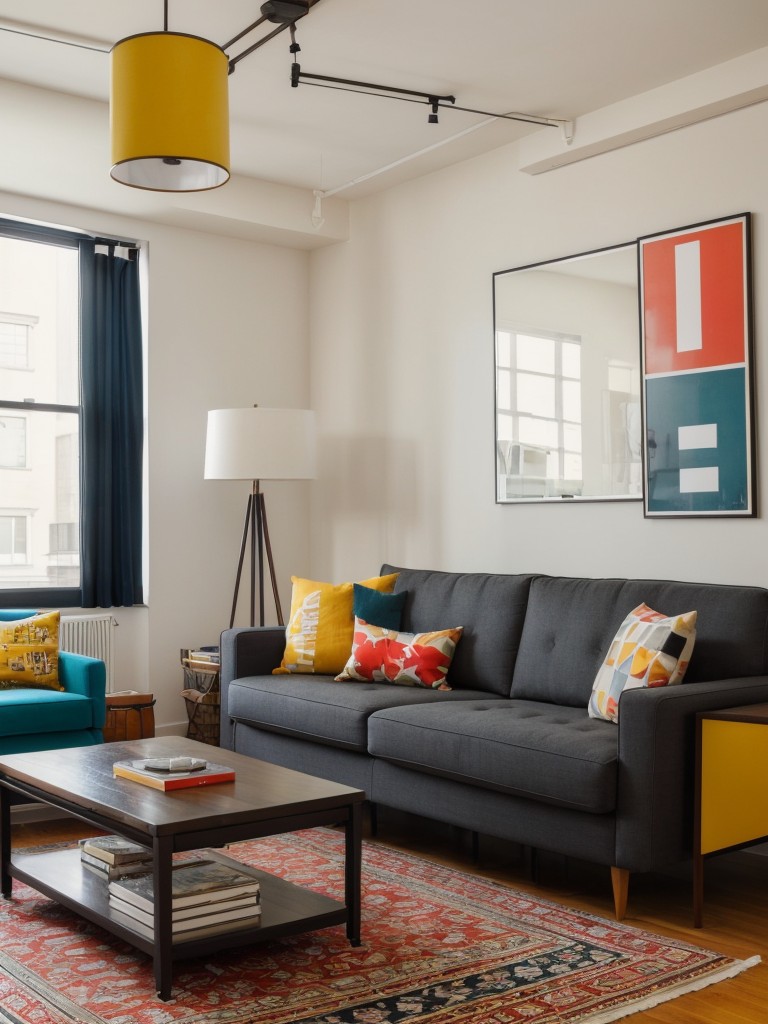 Urban chic apartment living room with a mix of vintage finds and modern furniture, incorporating bold graphic prints and pops of vibrant color.