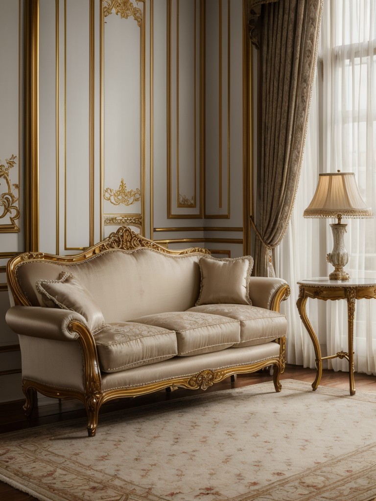 Victorian-inspired apartment living room with ornate furniture, plush upholstery, and layers of luxurious fabrics like silk and brocade.