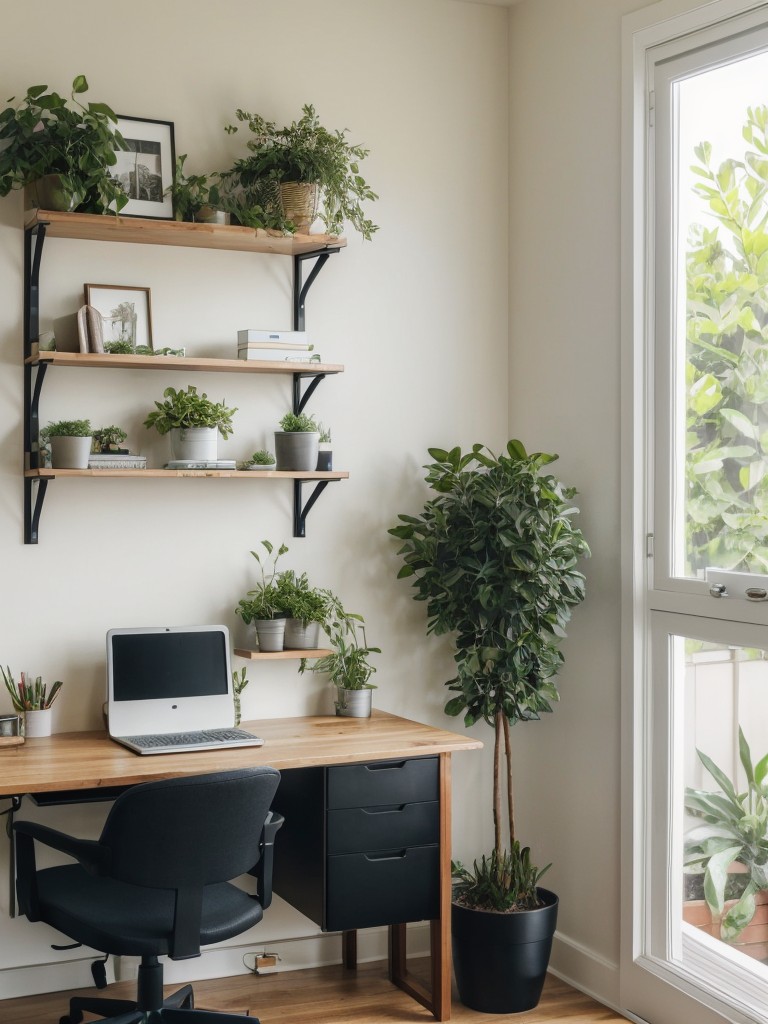 Add plants and greenery to the home office to improve air quality and create a calming atmosphere.