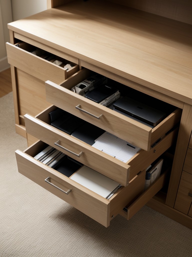 Opt for a compact desk with built-in storage drawers to keep essential office supplies organized and easily accessible.