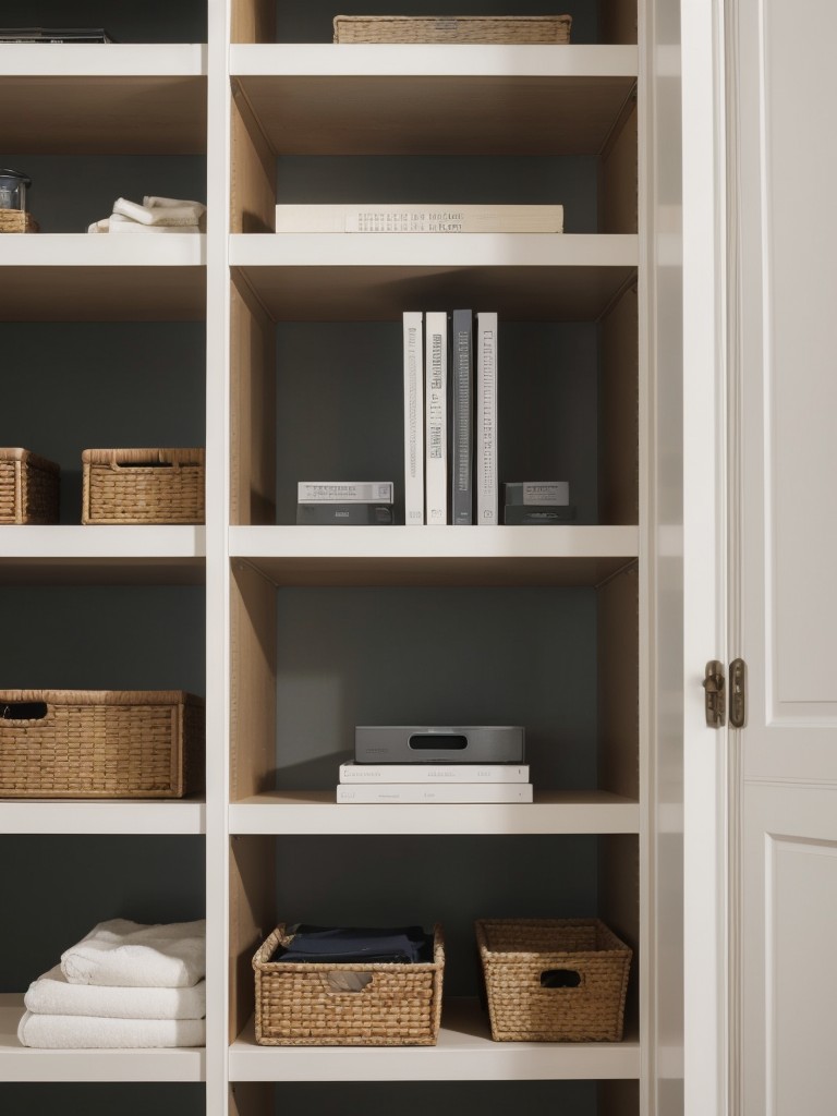 Utilize vertical wall space with floating shelves and vertical file organizers to maximize storage in a compact apartment.