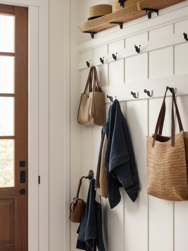 A set of decorative and functional hooks for hanging coats, hats, and bags in their entryway.