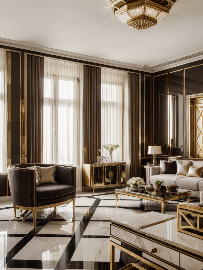 Art deco-inspired apartment living room ideas, showcasing glamorous finishes, geometric patterns, and luxurious materials for a touch of old Hollywood glamour.